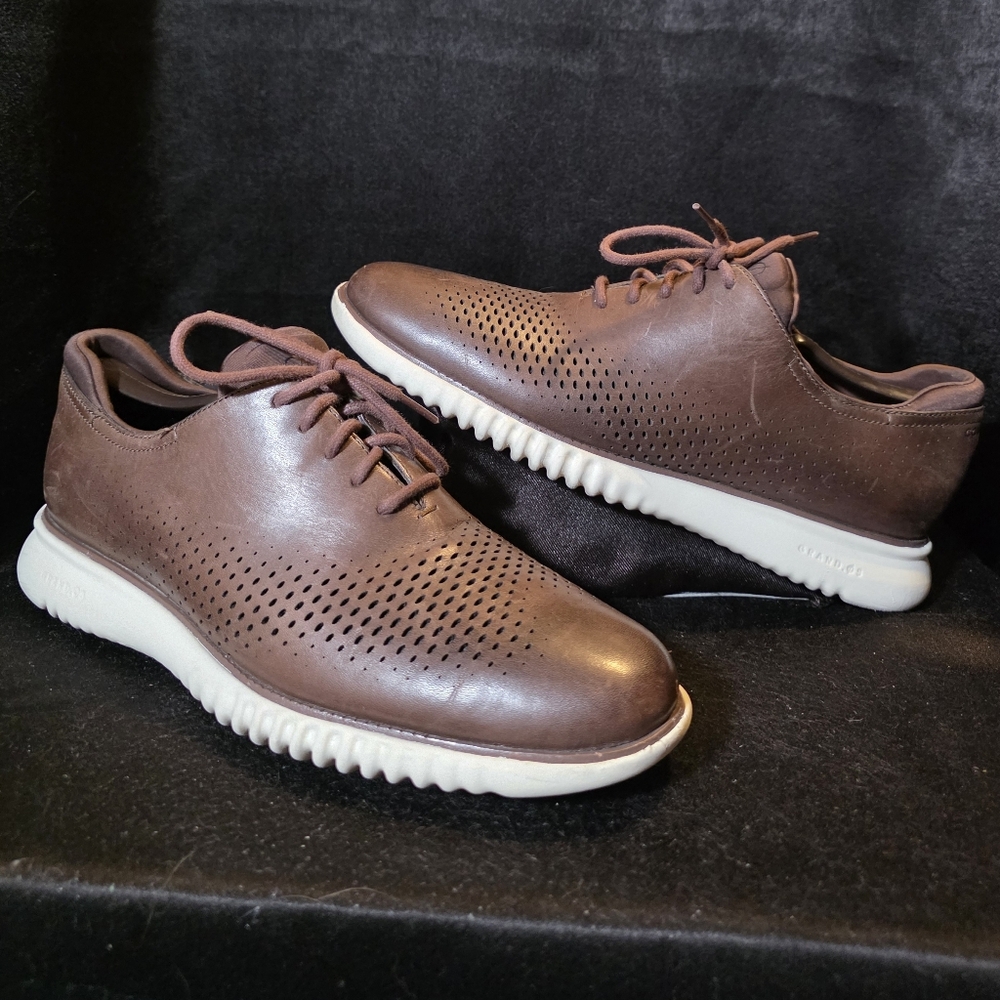 Cole Haan Brown Perforated Leather Sneakers with White Sole.
